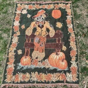 Throw Blanket Tapestry Scarecrow Fall Pumpkins Harvest Fringe 72x52